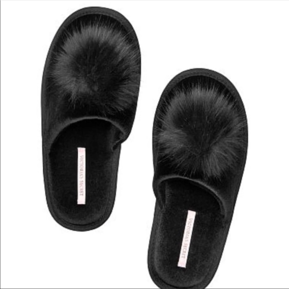 Black Velvet Puff Ball Slippers